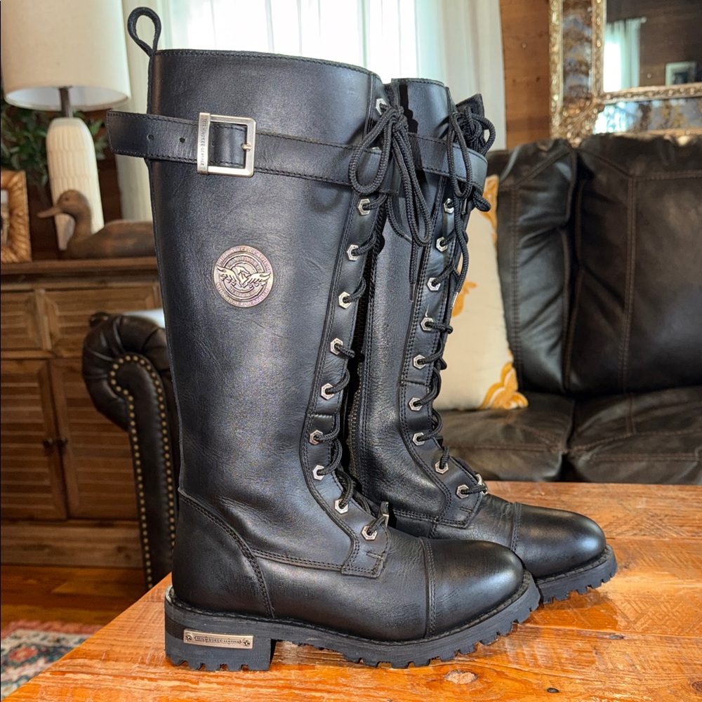 Black Lace-Up Combat Moto Boots - Tall Leather Tactical Style